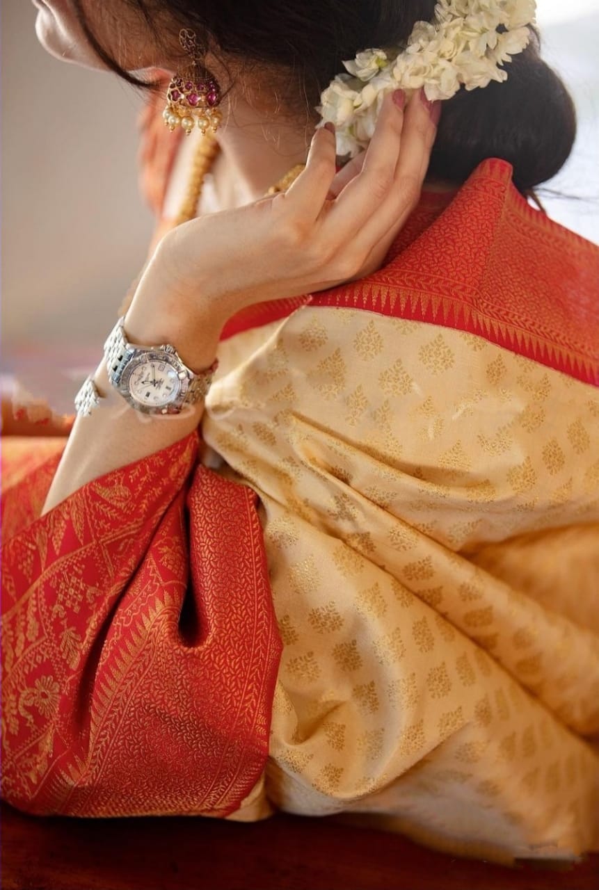 Stunning Off White With Red Color Saree