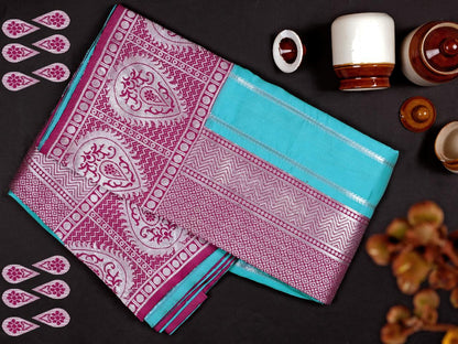 Pretty Sky Blue With Pink Color Silk Saree