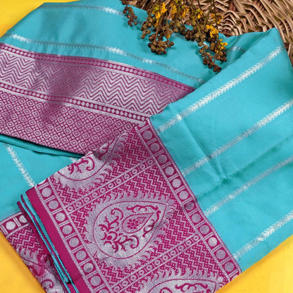 Pretty Sky Blue With Pink Color Silk Saree