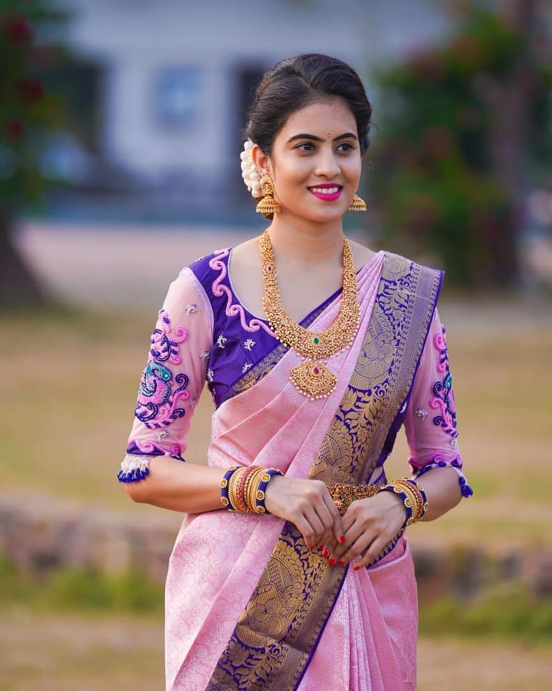 Pink With Purple Color Soft Silk Saree