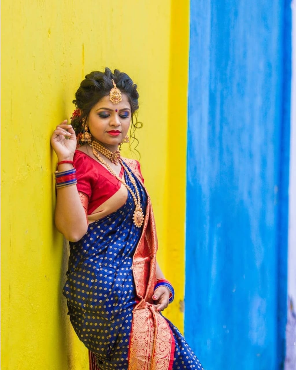 Blue With Red Color Soft Lichi Silk Saree