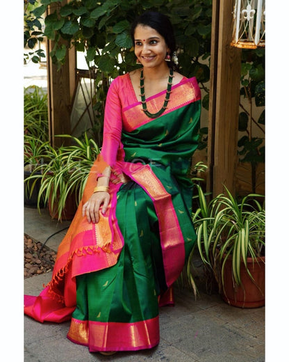 Daisy Green With Pink Color Soft Lichi Silk Saree