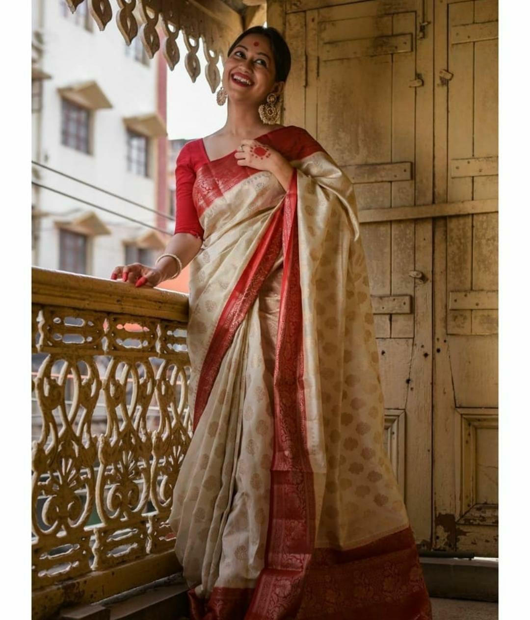 White With Red Color Soft Wedding Wear Saree