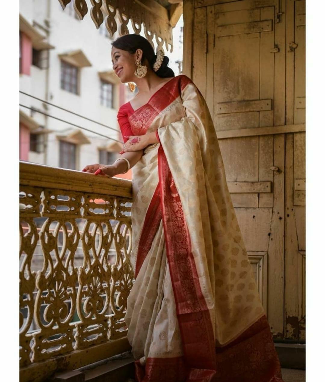 White With Red Color Soft Wedding Wear Saree