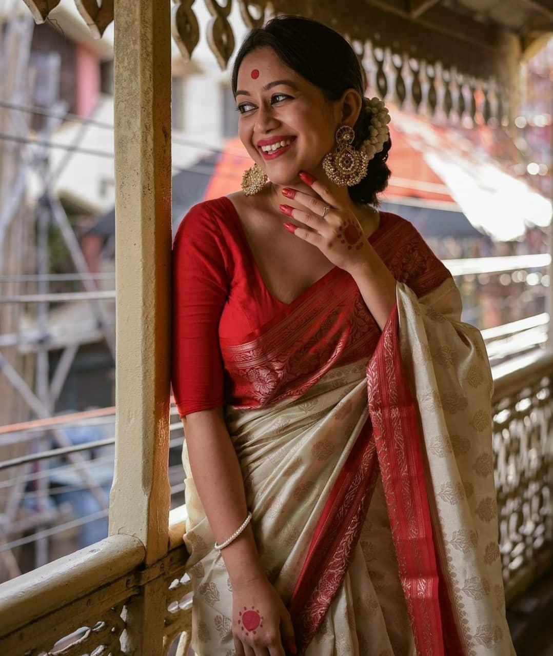 White With Red Color Soft Wedding Wear Saree