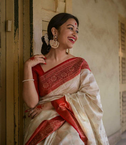 White With Red Color Soft Wedding Wear Saree