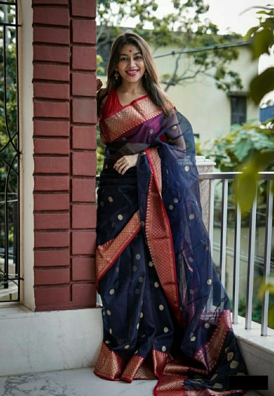 Navy Blue With Red Color Soft Lichi Silk Saree