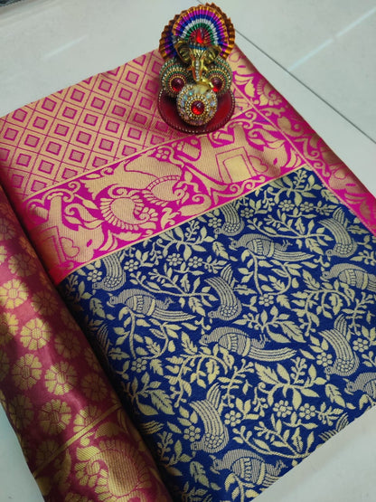 Blue With Pink Color Soft Lichi Silk Trendy Saree