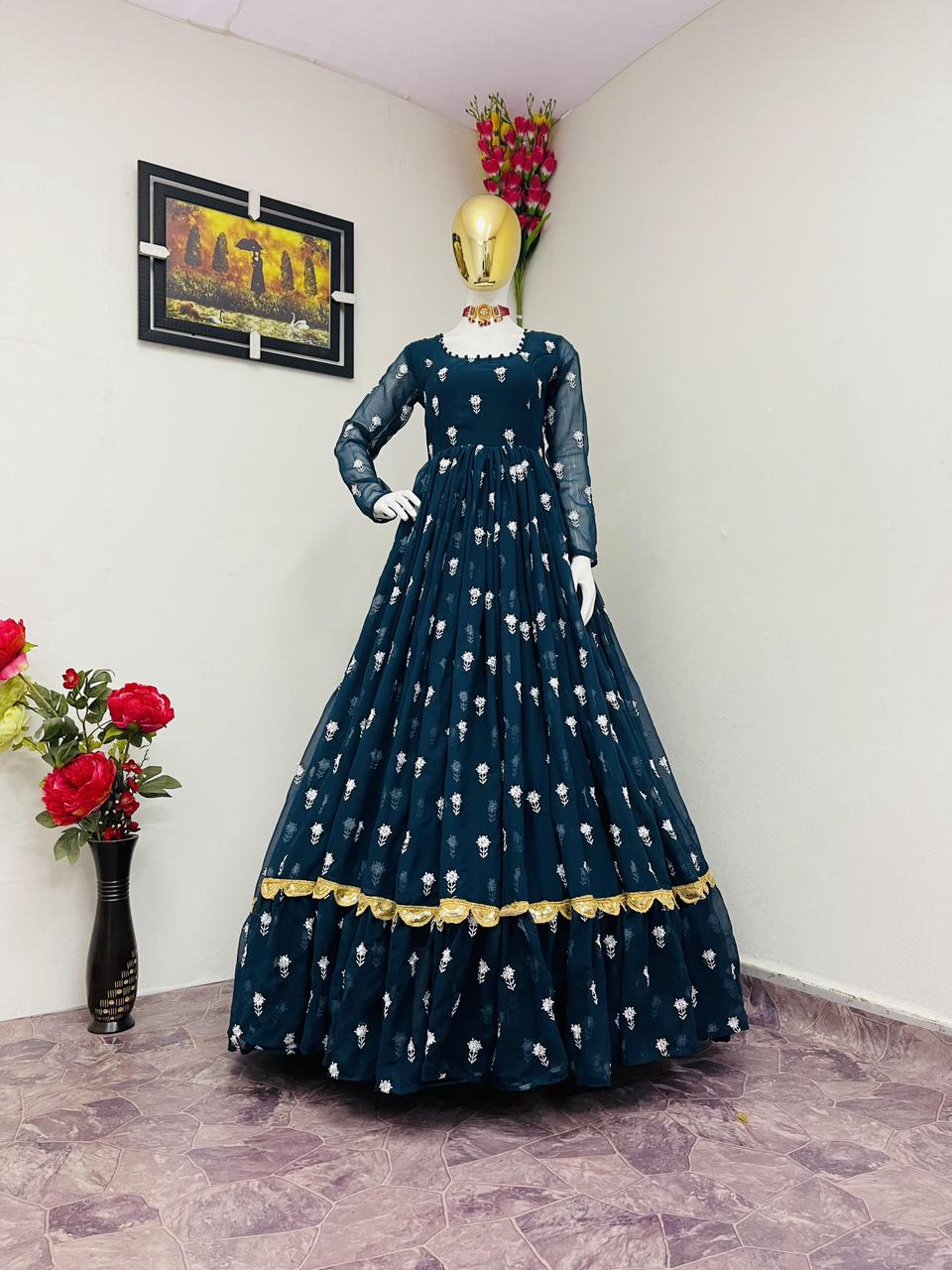 Blue Color Ruffle Embroidery Work Designer  Gown