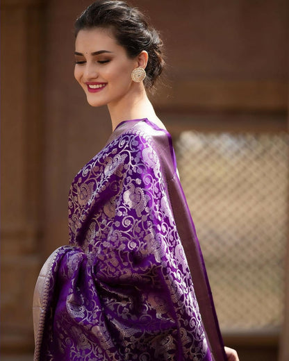 Designer Pure Soft Lichi Silk Purple Color Saree