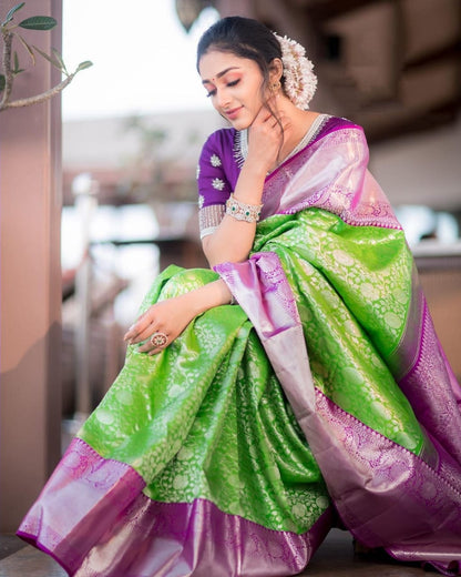 Silver Zari With Heavy Border Parrot Green Saree