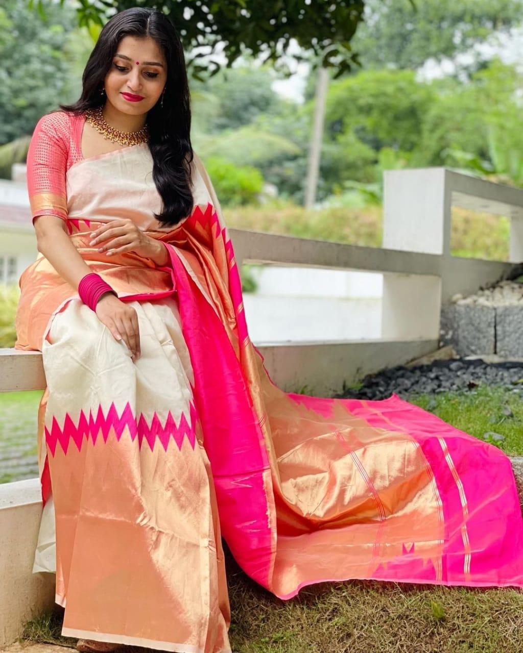 Off White Color Soft Lichi Silk Designer Saree