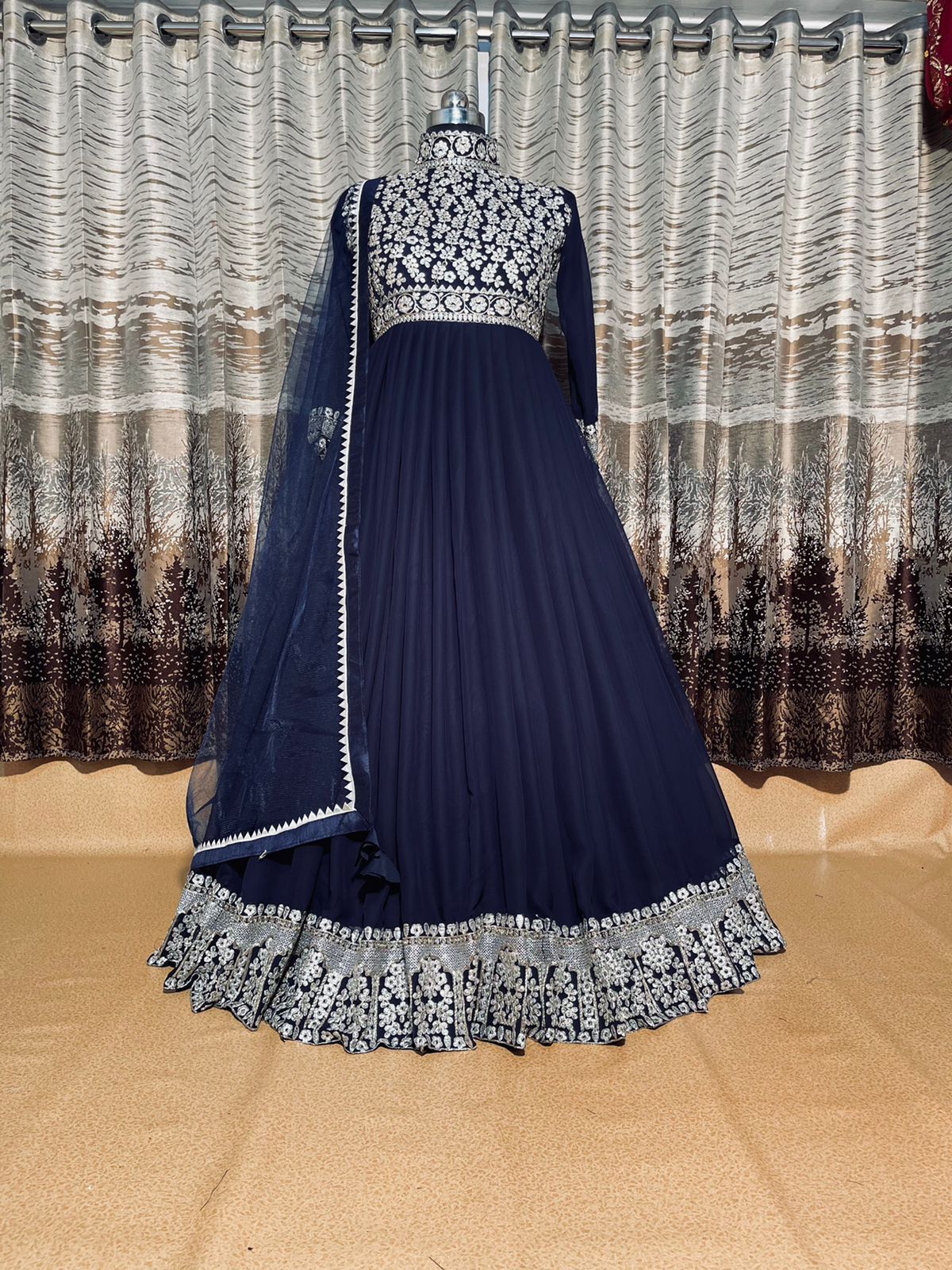 Designer Navy Blue Color Party Wear Embroidery Coding Work Gown With Dupatta