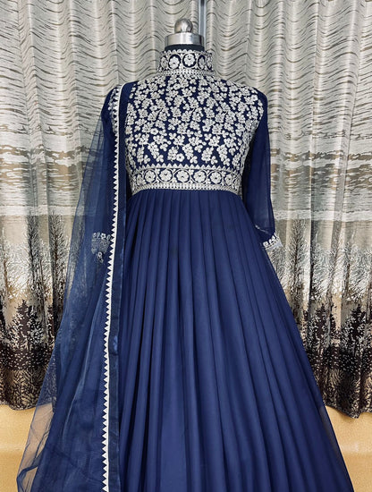 Designer Navy Blue Color Party Wear Embroidery Coding Work Gown With Dupatta