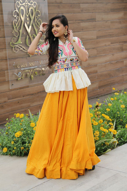 Designer Yellow Embroidery Work Top With Lehenga