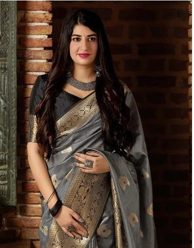 Gray Color Soft Lichi Silk Golden Jari Saree