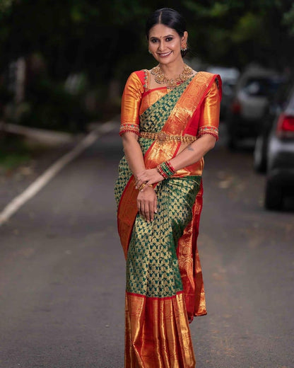 Red And Green Peacock Design Wedding Wear Saree