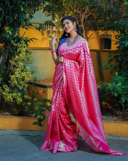 Bright Soft Lichi Silk Silver Jari Pink Saree