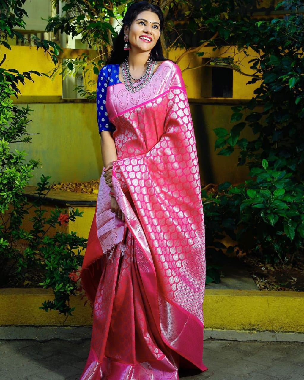 Bright Soft Lichi Silk Silver Jari Pink Saree