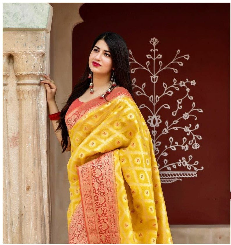 Ceremony Wear Yellow Color Jaquard Design Saree