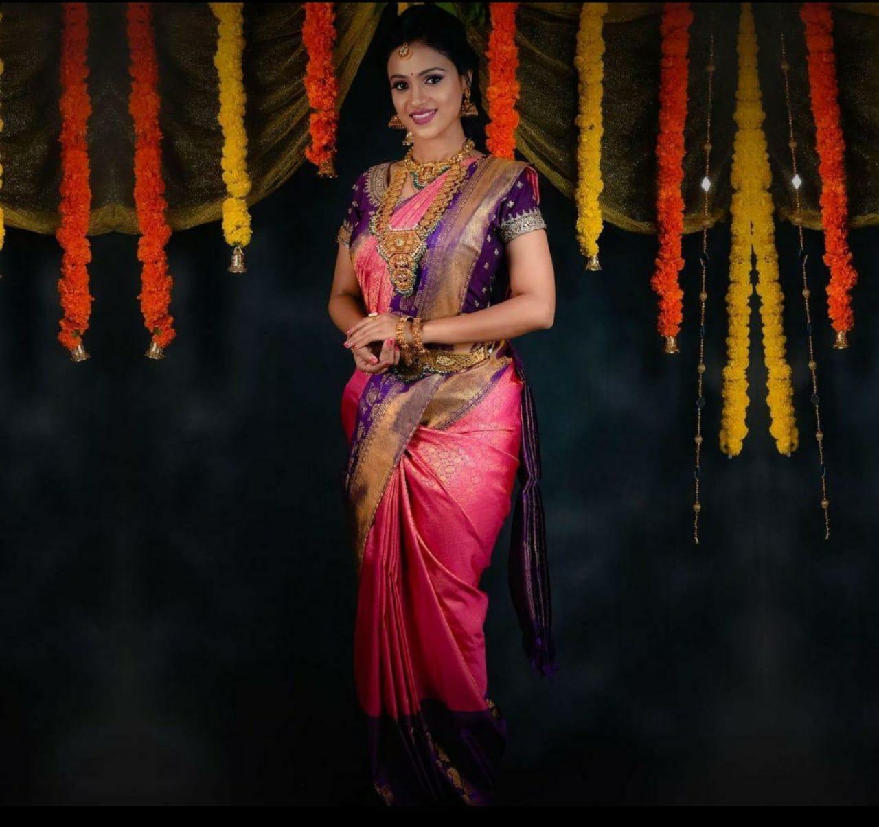 Pink And Purple Border Banarasi Silk Saree