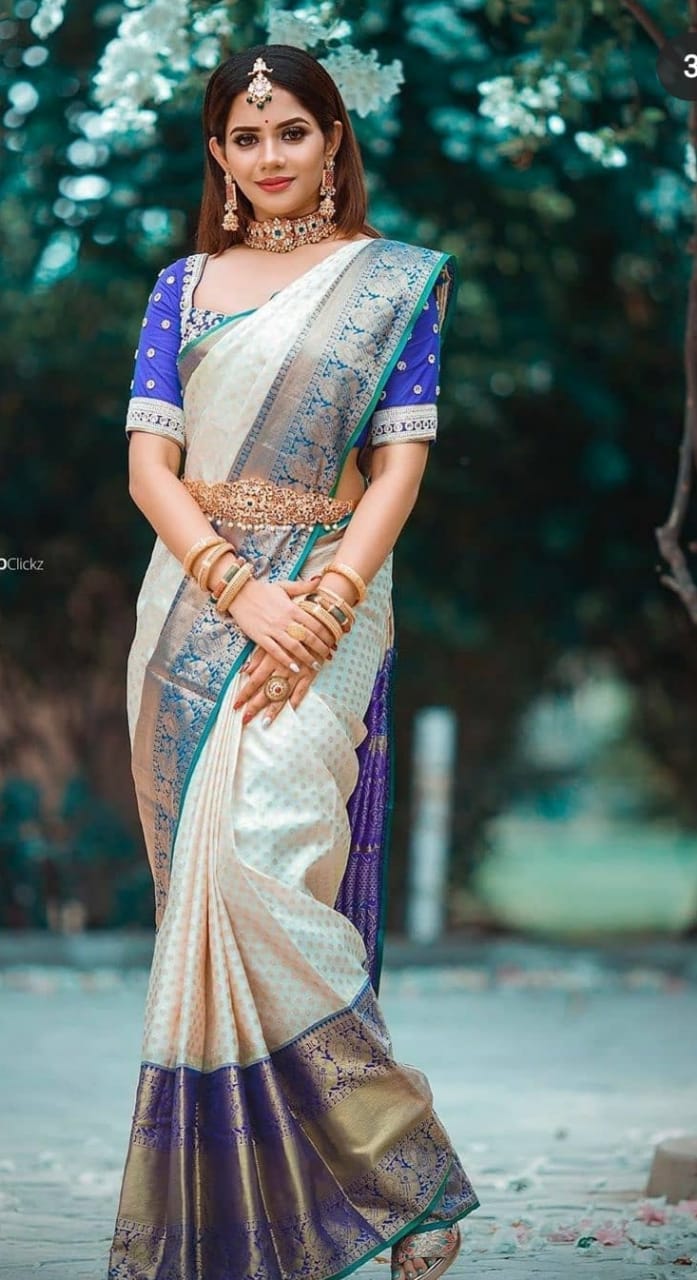 White With Blue Color Function Wear Soft Silk Saree