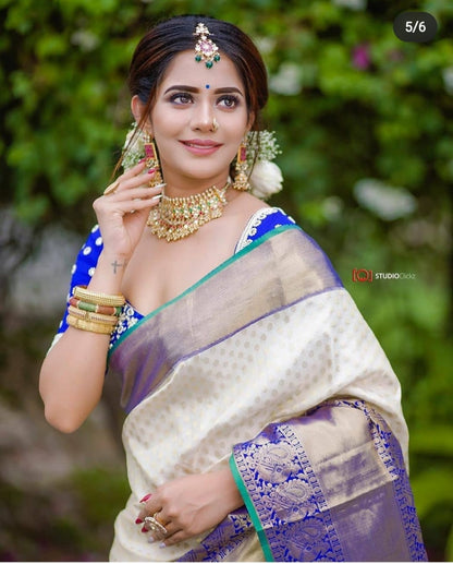 White With Blue Color Function Wear Soft Silk Saree