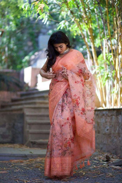 Peach Color Digital Print Organza Saree