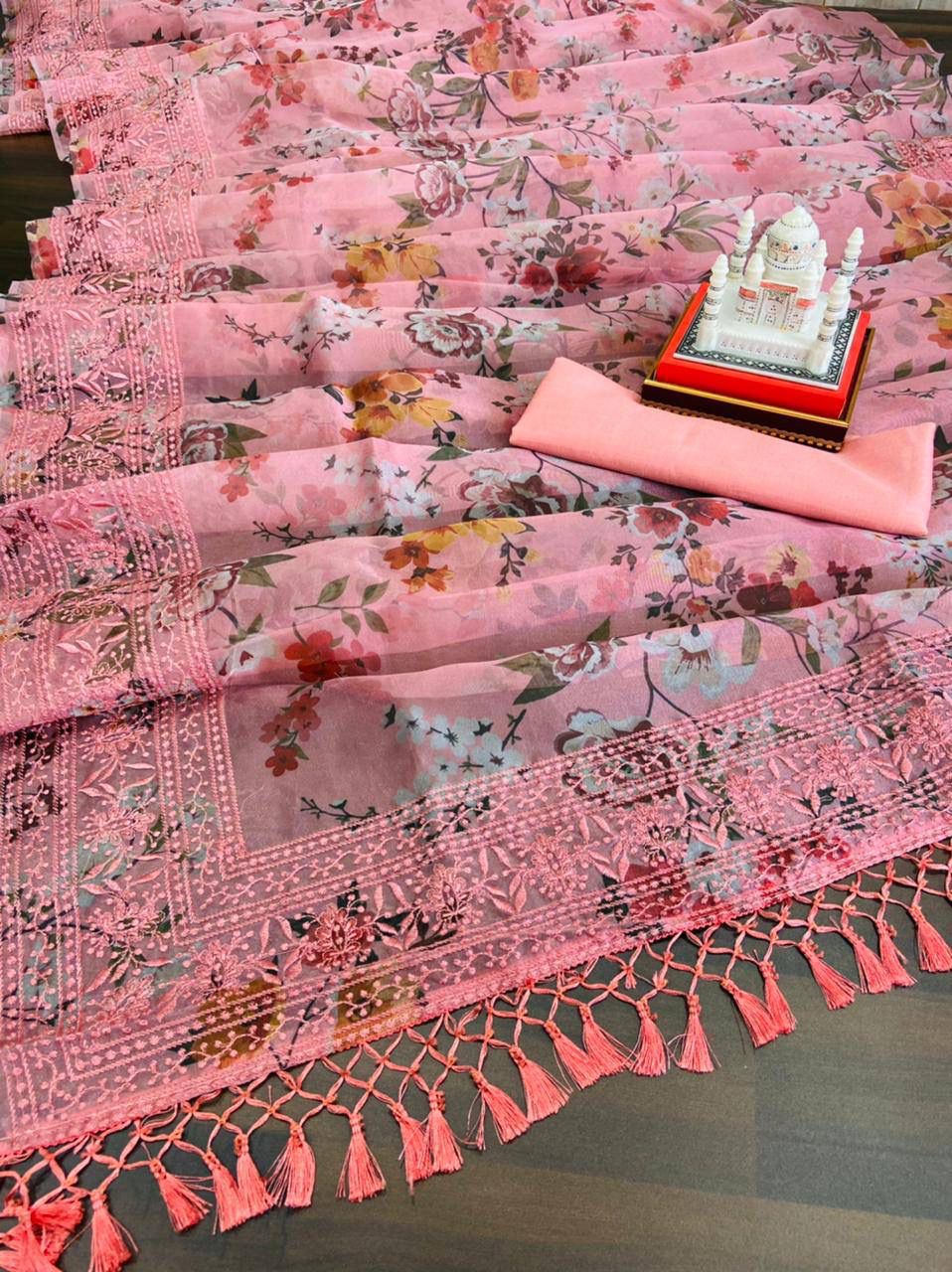 Peach Color Digital Print Organza Saree