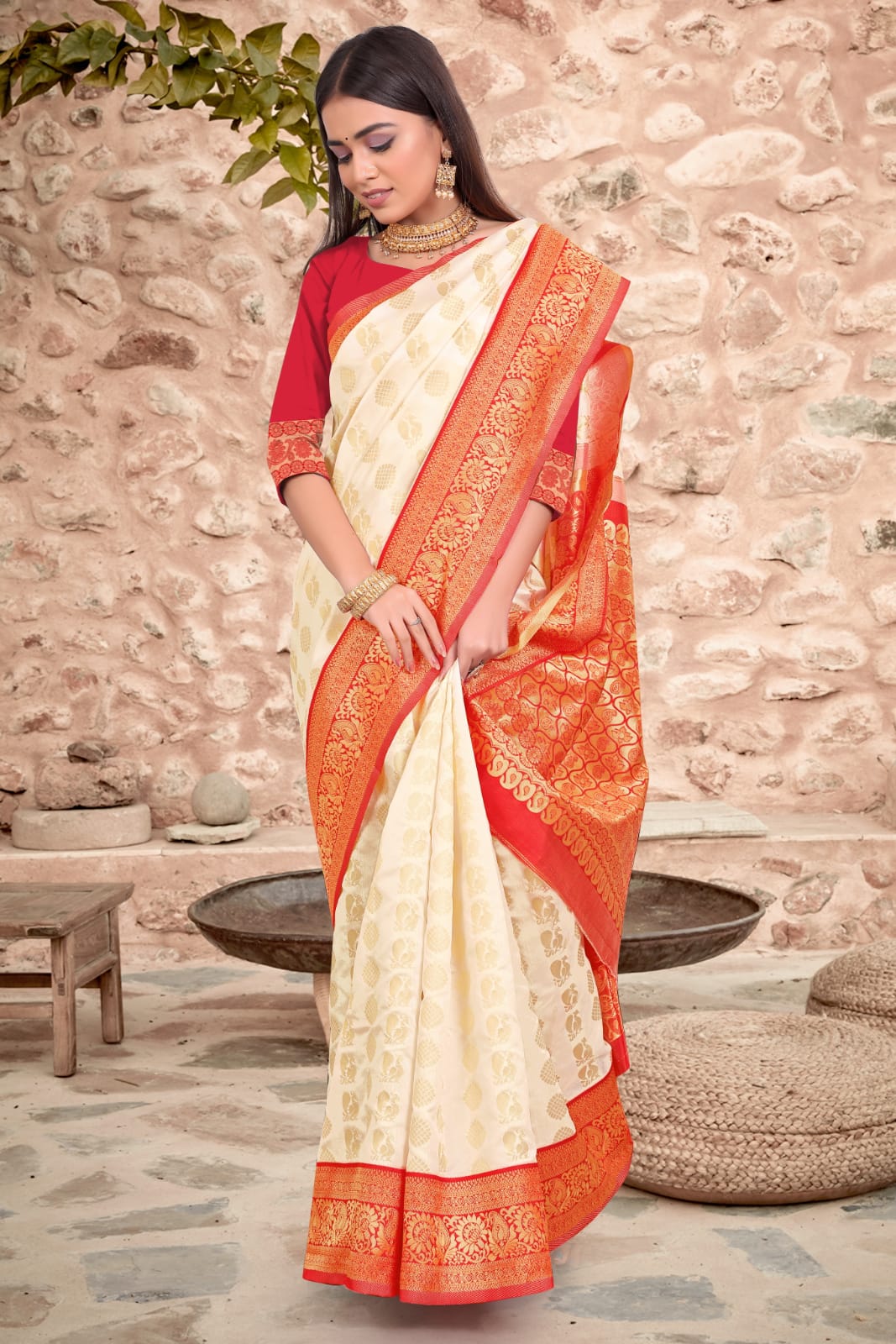 Captivating Soft Lichi Silk White And Red Festive Wear Saree