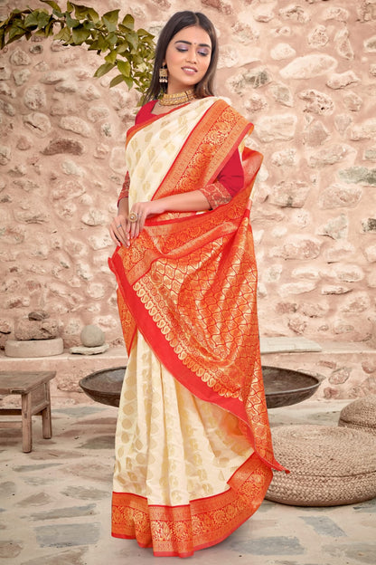 Captivating Soft Lichi Silk White And Red Festive Wear Saree