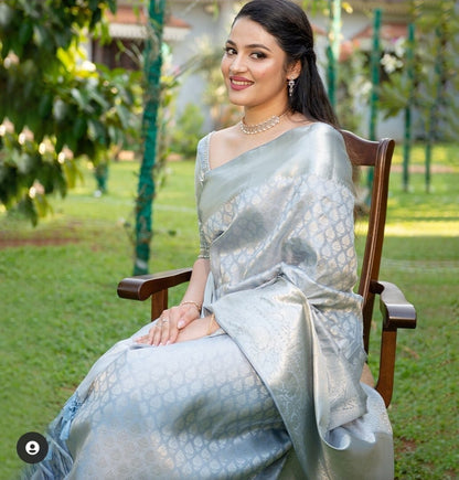 Shining Grey Color Banarasi Silk Saree