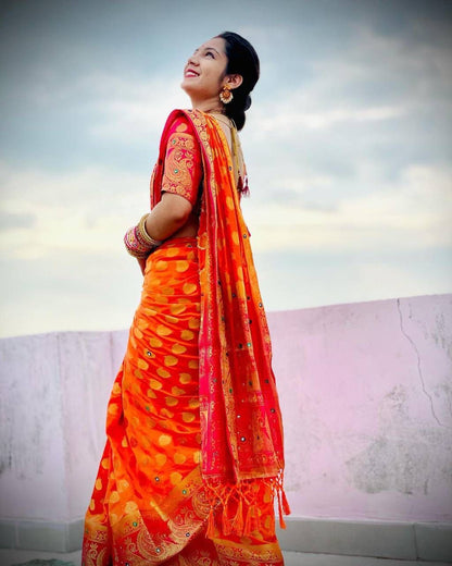 Eyes Catching Orange Color Hand Work Saree