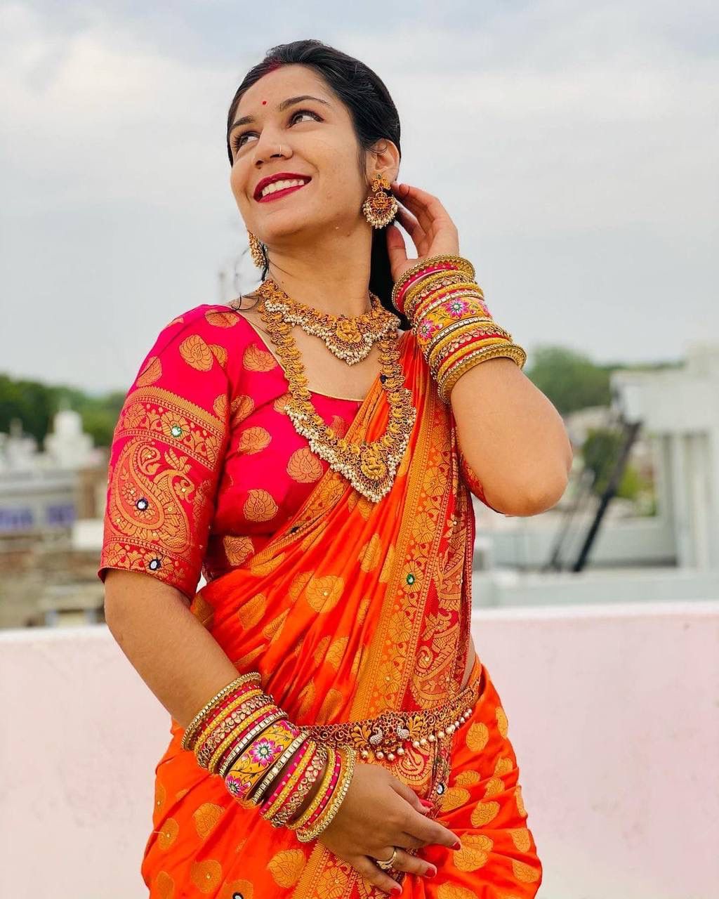 Eyes Catching Orange Color Hand Work Saree