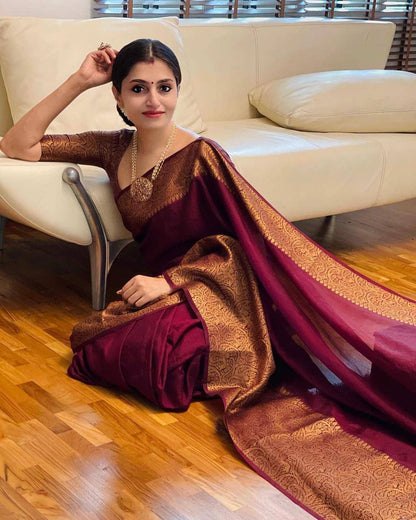 Maroon Color Banarasi Silk Rich Wooven Border Saree