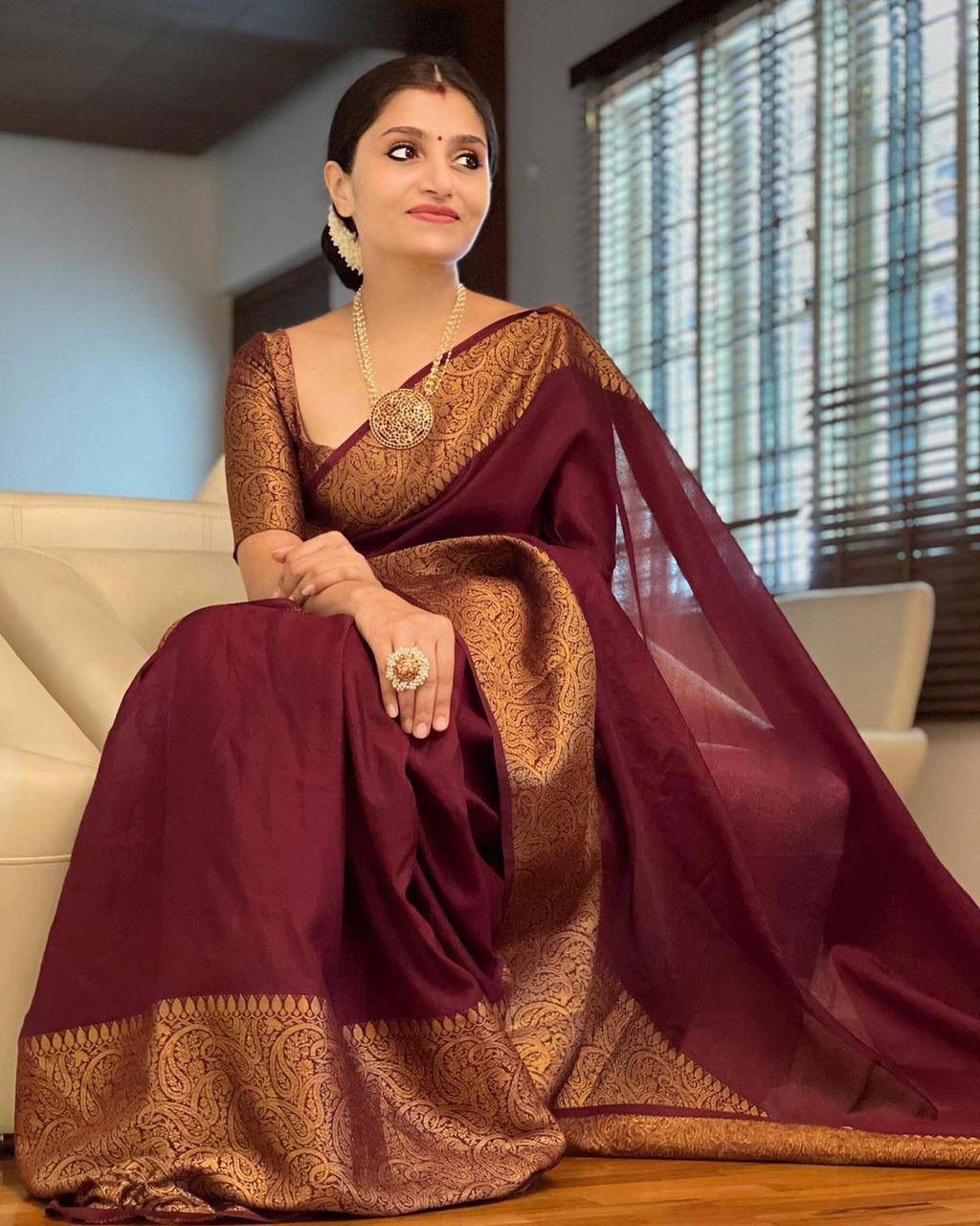 Maroon Color Banarasi Silk Rich Wooven Border Saree