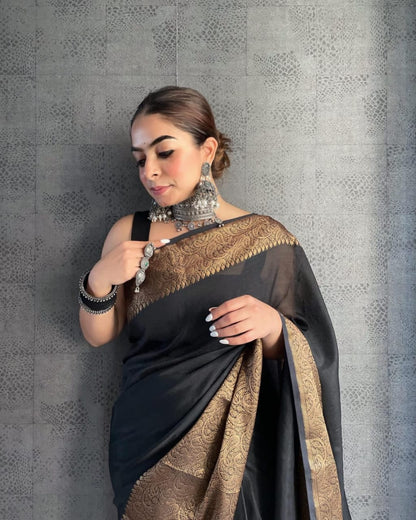 Black Color Banarasi Silk Rich Wooven Border Saree