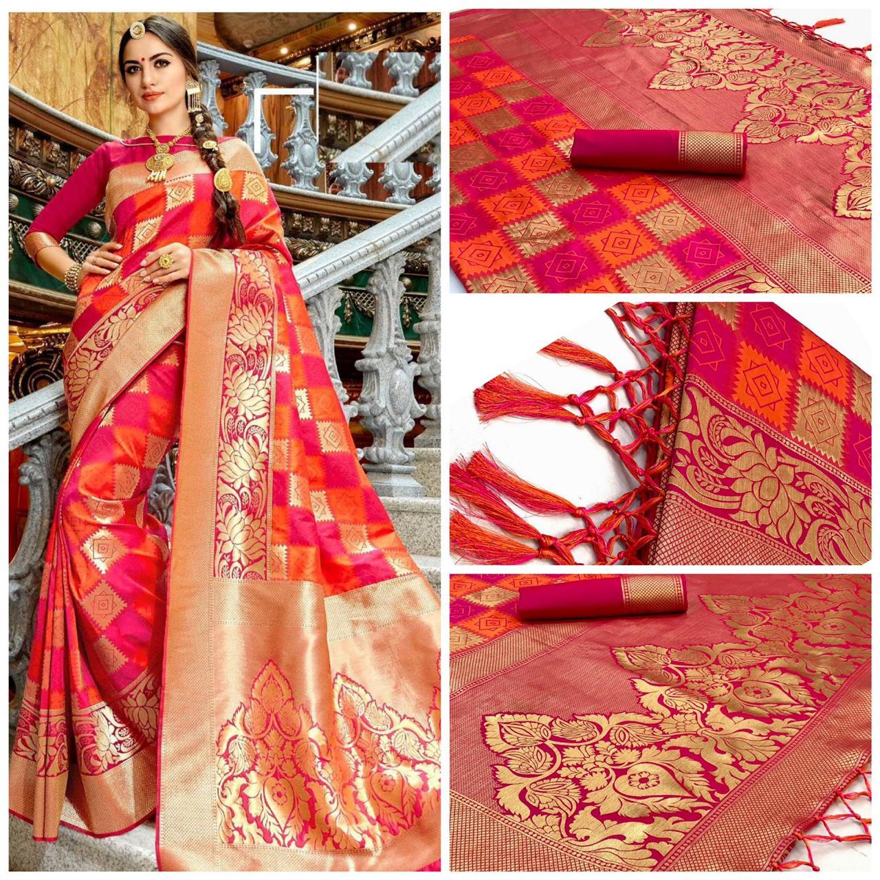 Heavy Pink Color Jacquard Border Checkered Saree