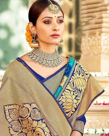 Heavy Jacquard Border Navy Blue Color Saree