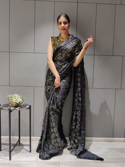 Beautiful Black Color Sequin Work Party Wear Saree