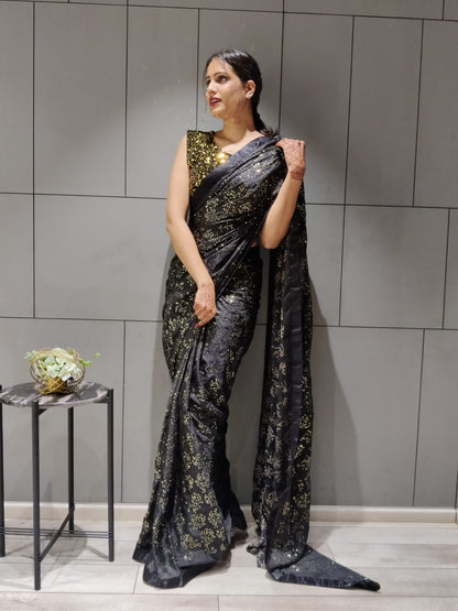 Beautiful Black Color Sequin Work Party Wear Saree