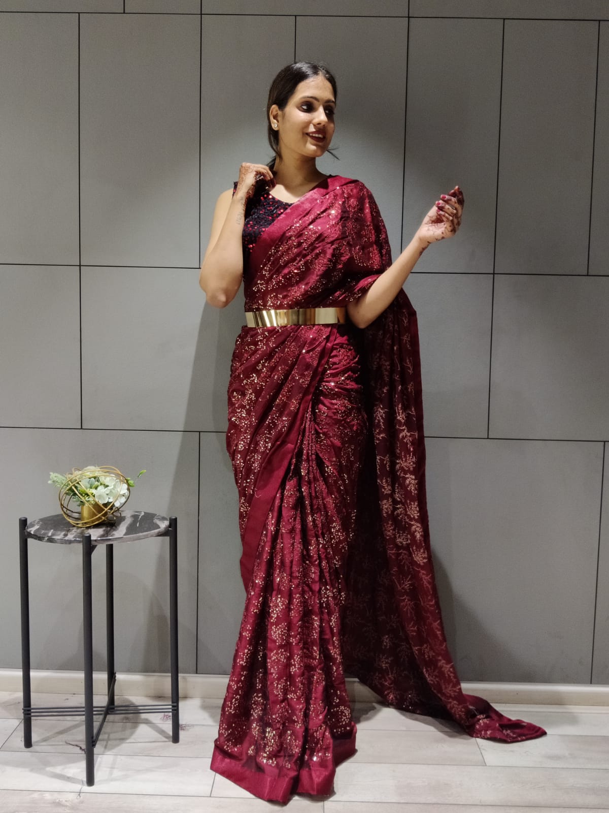 Amazing Maroon Color Sequin Work Party Wear Saree