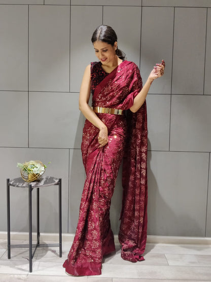 Amazing Maroon Color Sequin Work Party Wear Saree