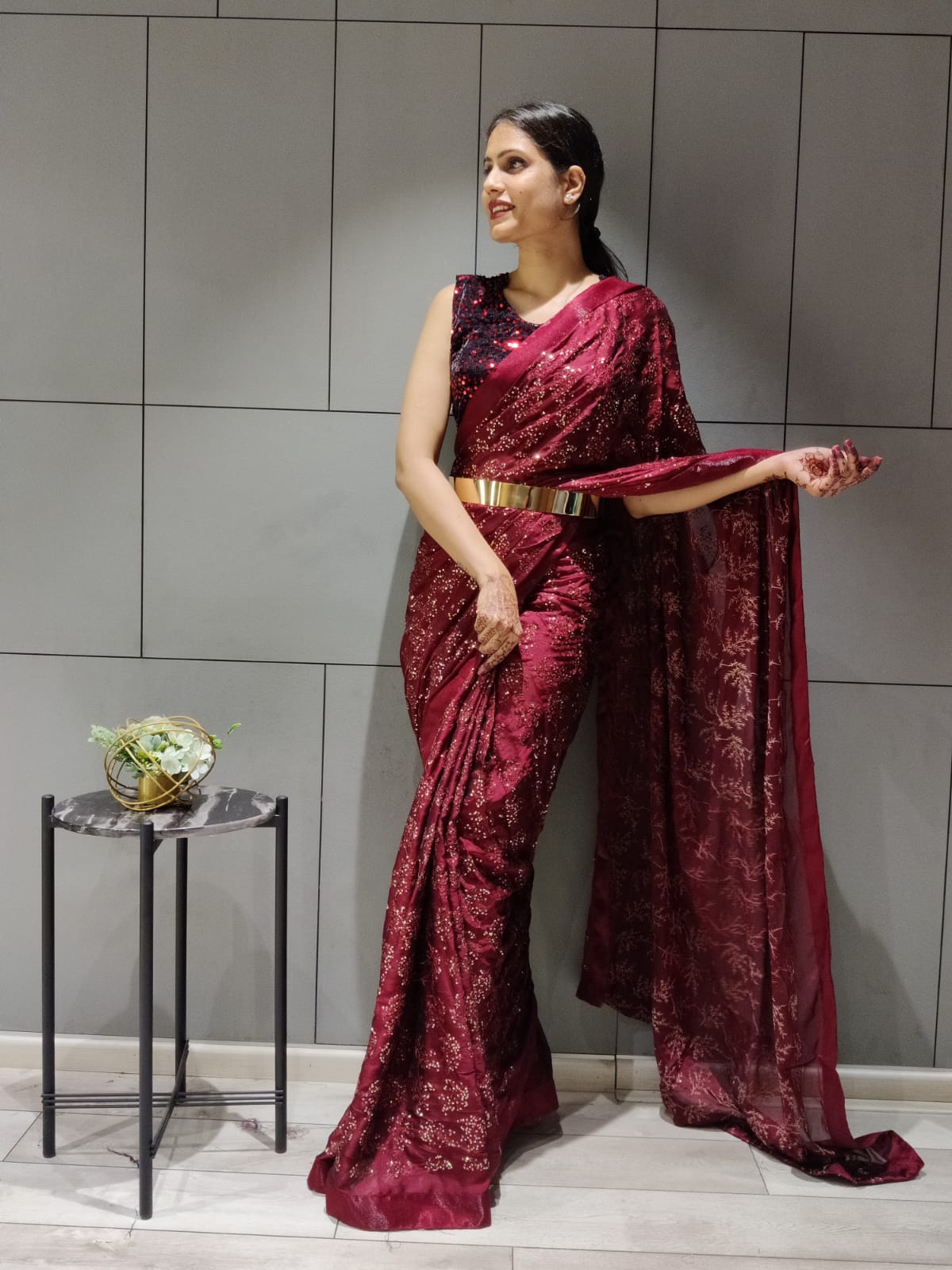 Amazing Maroon Color Sequin Work Party Wear Saree