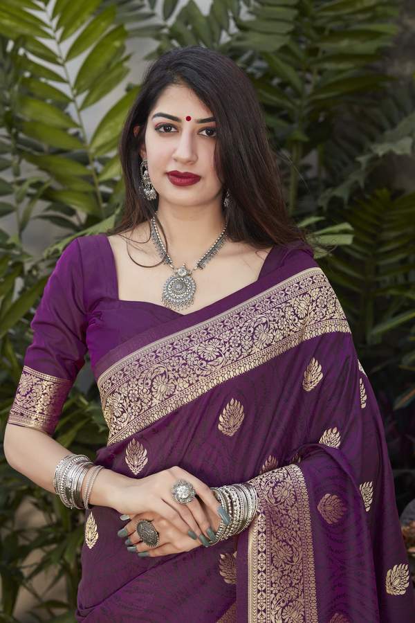 Exotic Purple Color Soft Silk Golden Border Saree