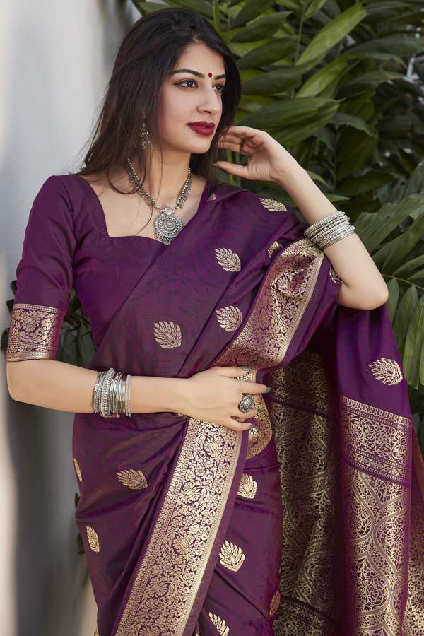 Exotic Purple Color Soft Silk Golden Border Saree