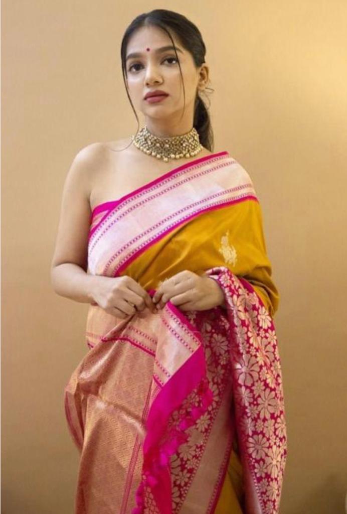 Decent Mustard With Pink Color Golden Jari Saree