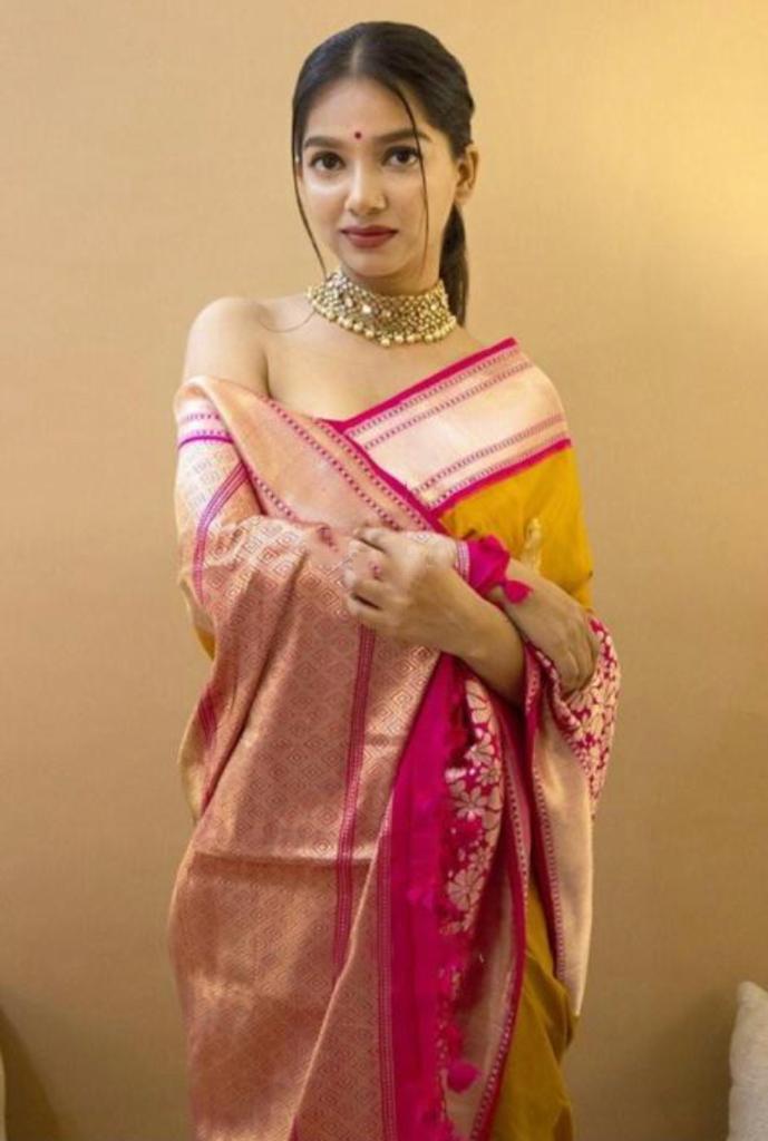 Decent Mustard With Pink Color Golden Jari Saree