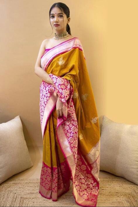 Decent Mustard With Pink Color Golden Jari Saree