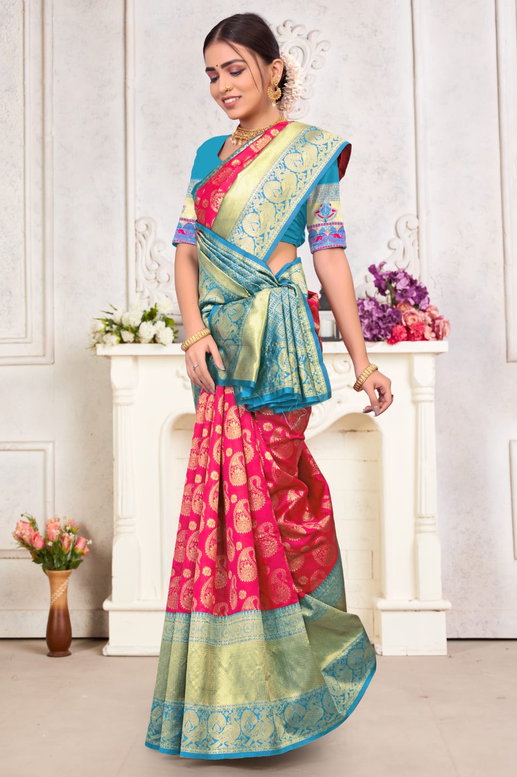 Pink And Sky Blue Rich Pallu Amazing Saree